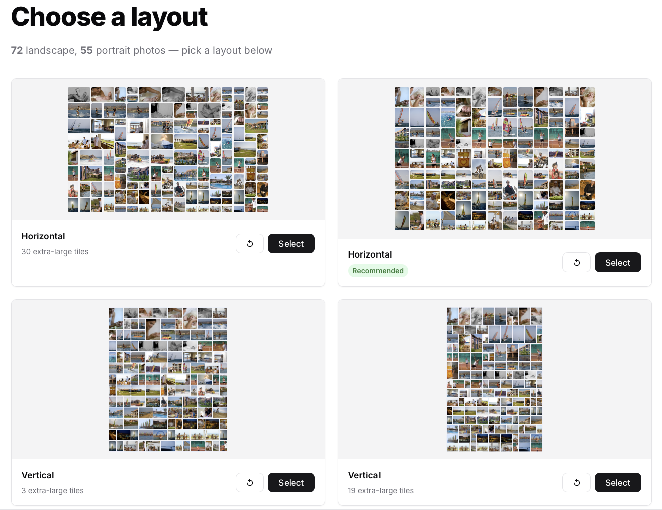 The app's layout chooser showing four gap-free arrangements of the same large photo collection