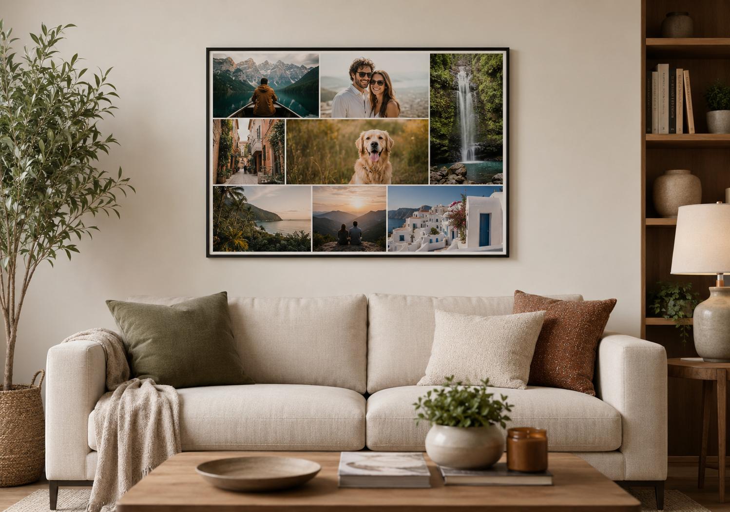 Fotocollage som väggkonst, skapat av liggande och stående bilder